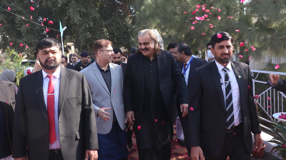 The honourable Chief Minister &  Chancellor KyberPakhtunkhwa Universities Sardar Ali Amin Khan Gandapur is arriving at the inaugural ceremony of Allied Health Sciences